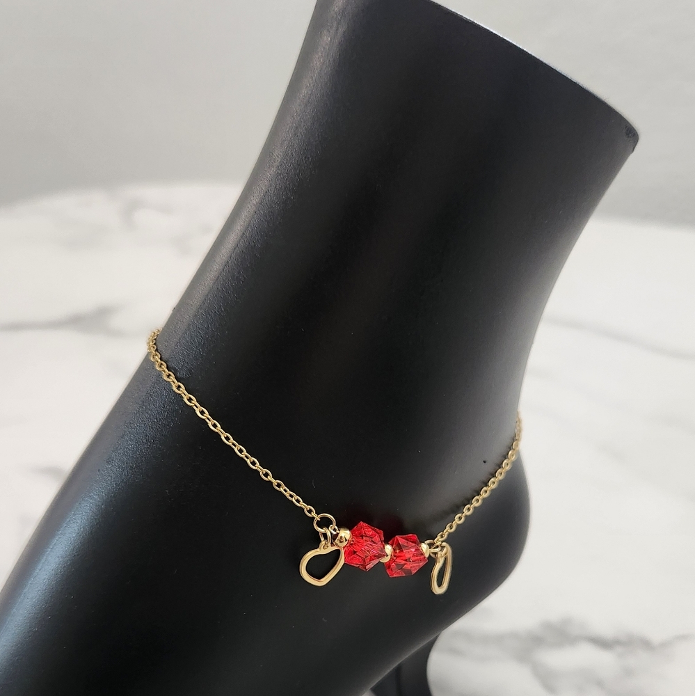 Gold Stainless Steel Anklet Heart Charm with Red Beads Adjustable Dainty Bra - Picture 3 of 12